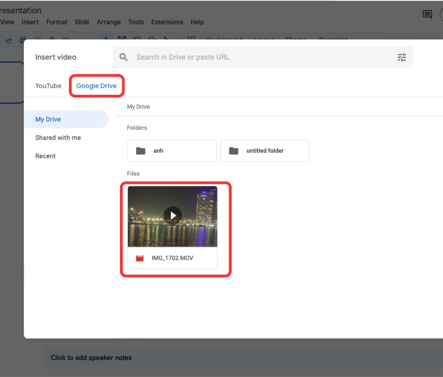 google slides video from drive
