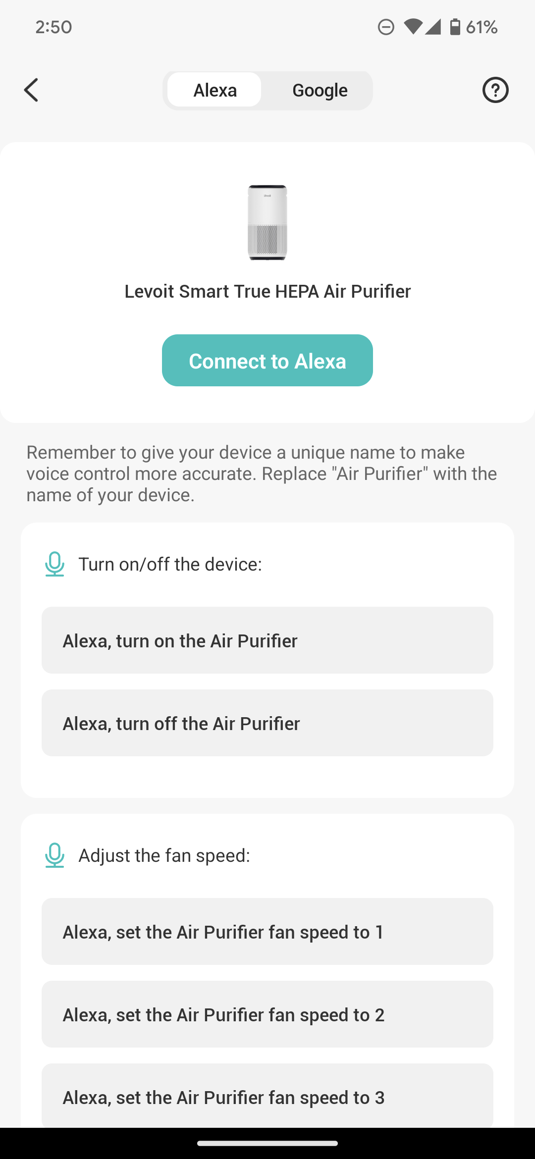 levoit core 400s air purifier settings alexa commands