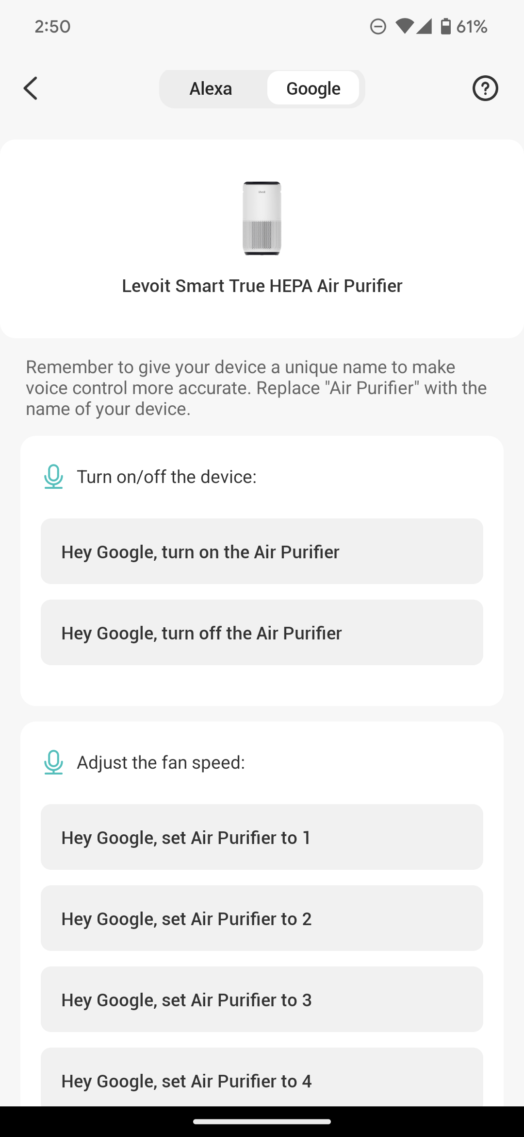 levoit core 400s air purifier settings google commands