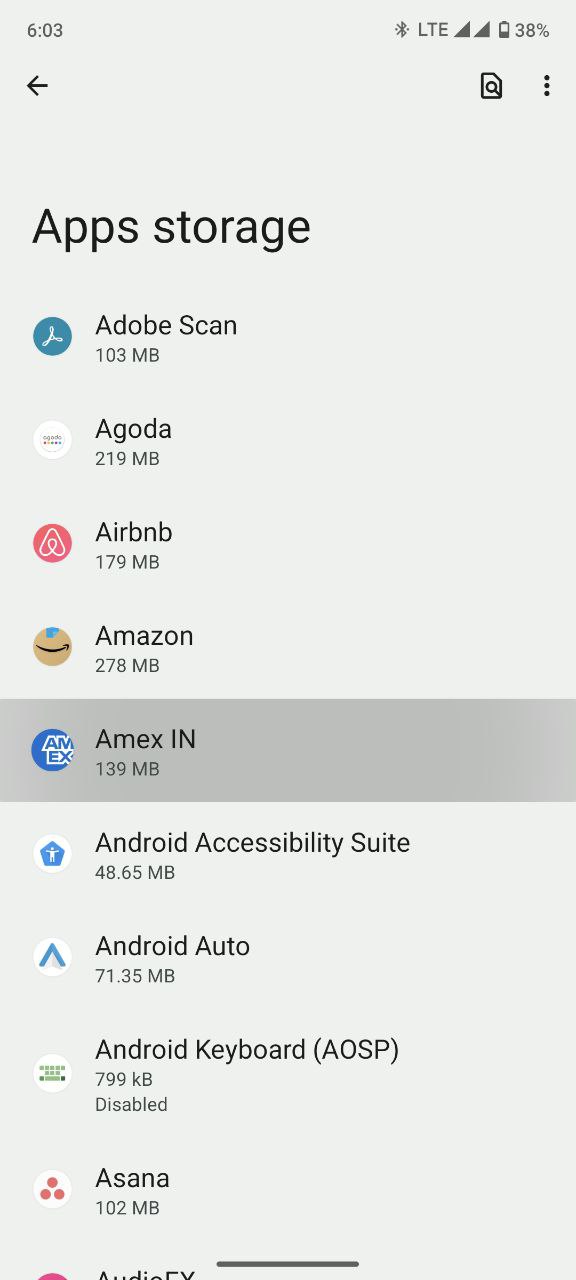 settings storage apps page screenshot