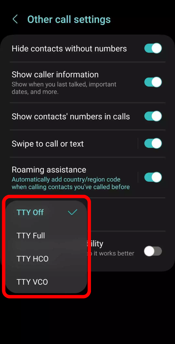 android mobile settings other call settings TTY mode options