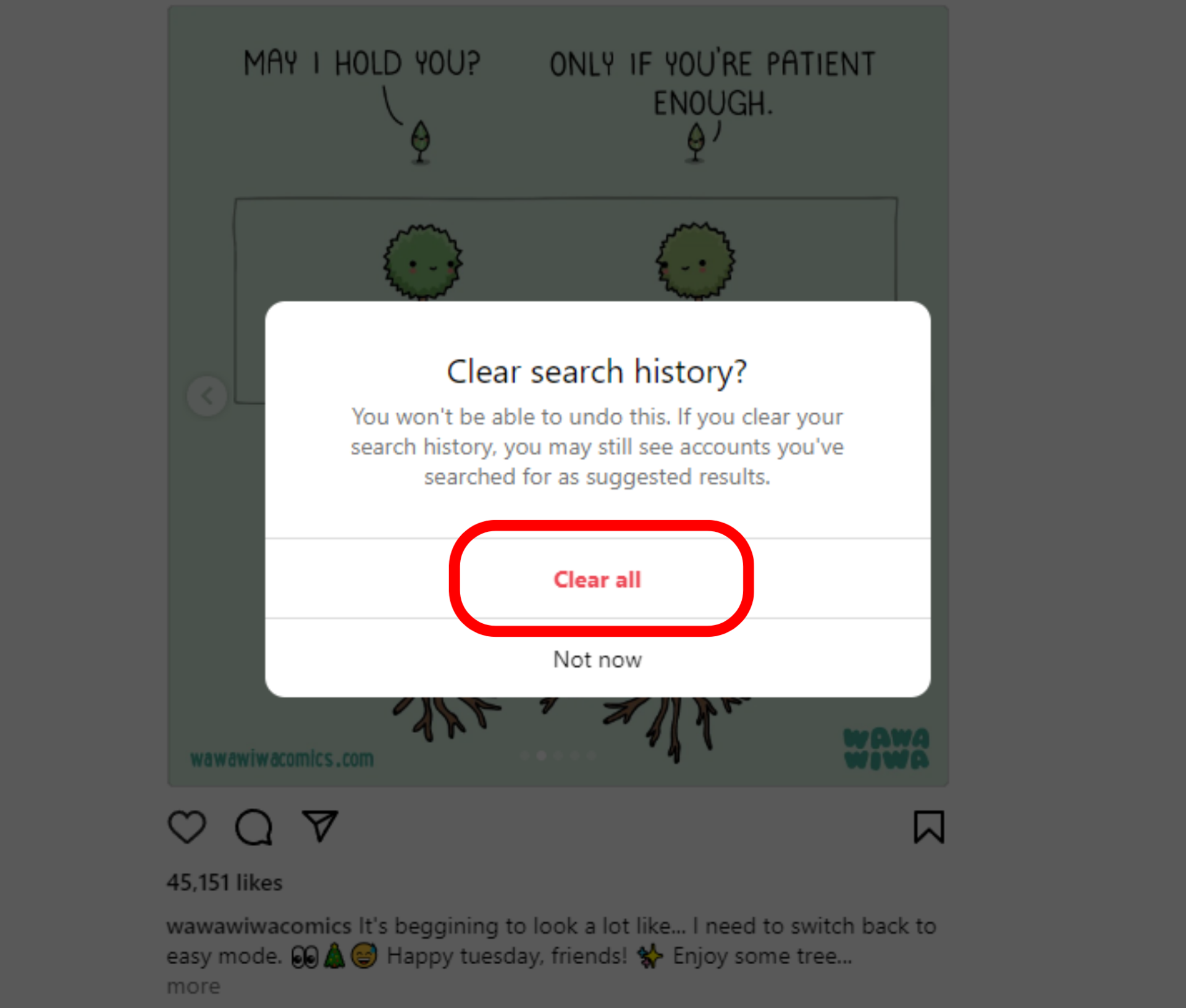 instagram desktop clear search history confirmation