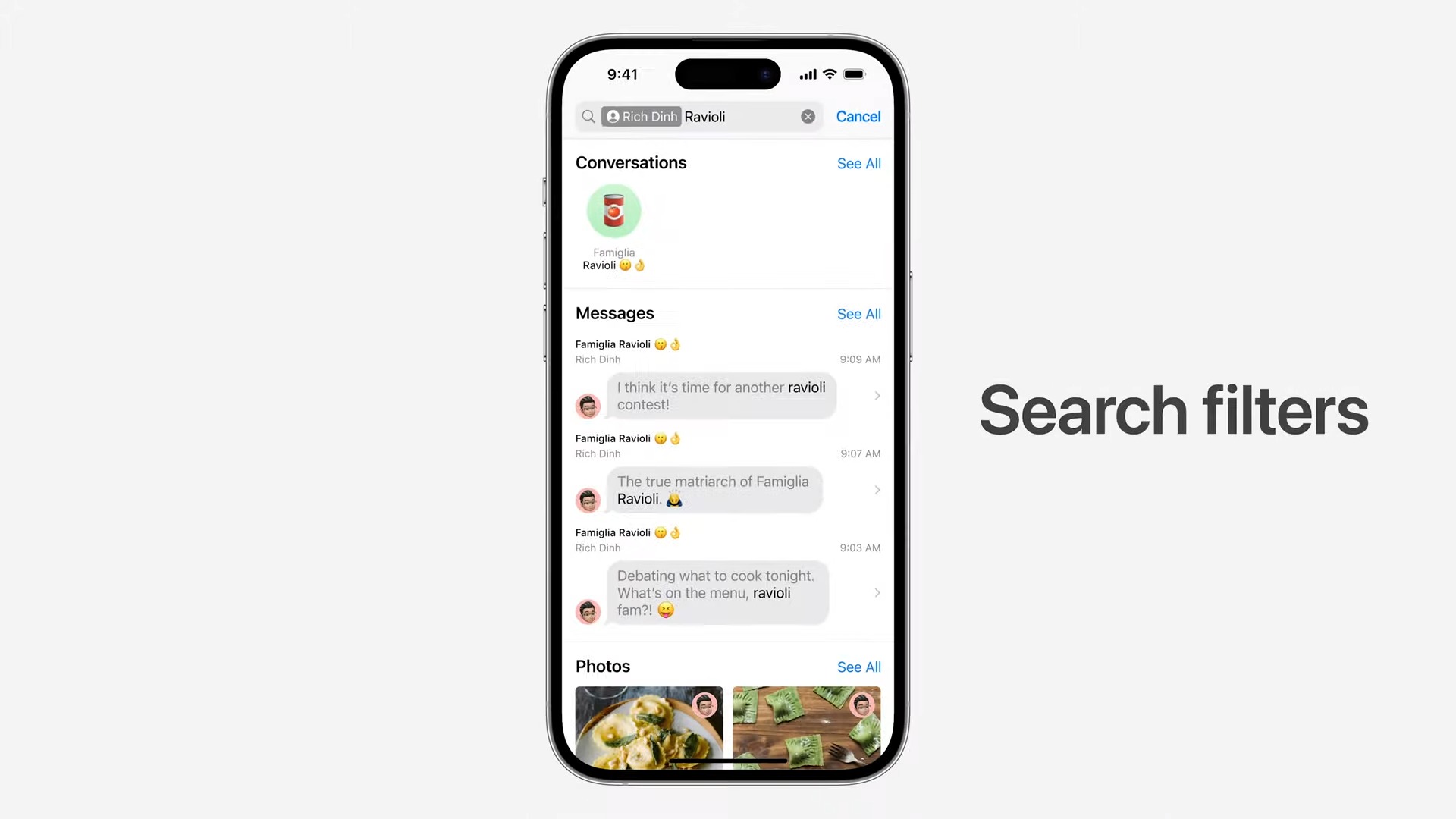 Apple iOS 17 Messages app search filters