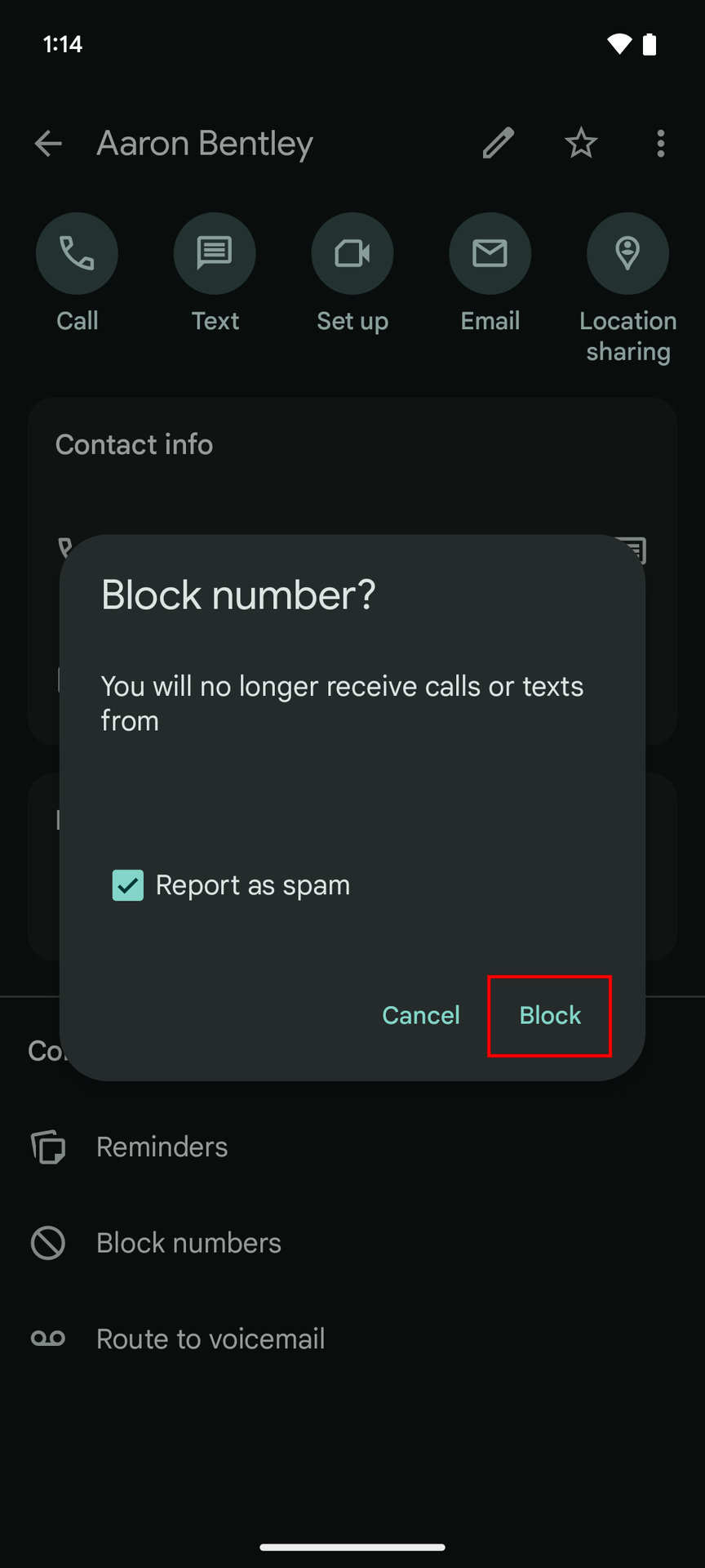 Block cntacts using the Contacts section from the Phone app on a Pixel 7 (3)