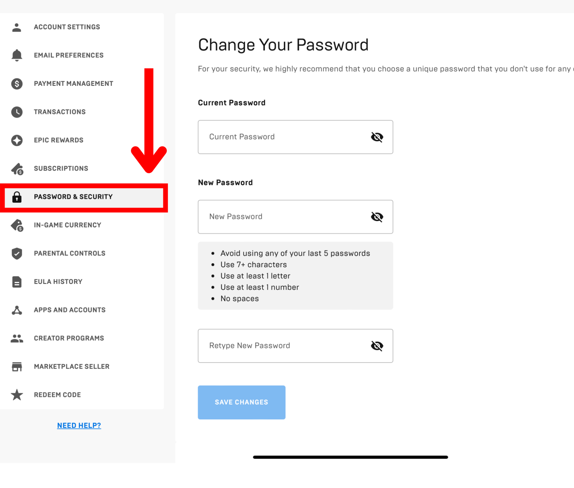 Epic Games PASSWORD & SECURITY button