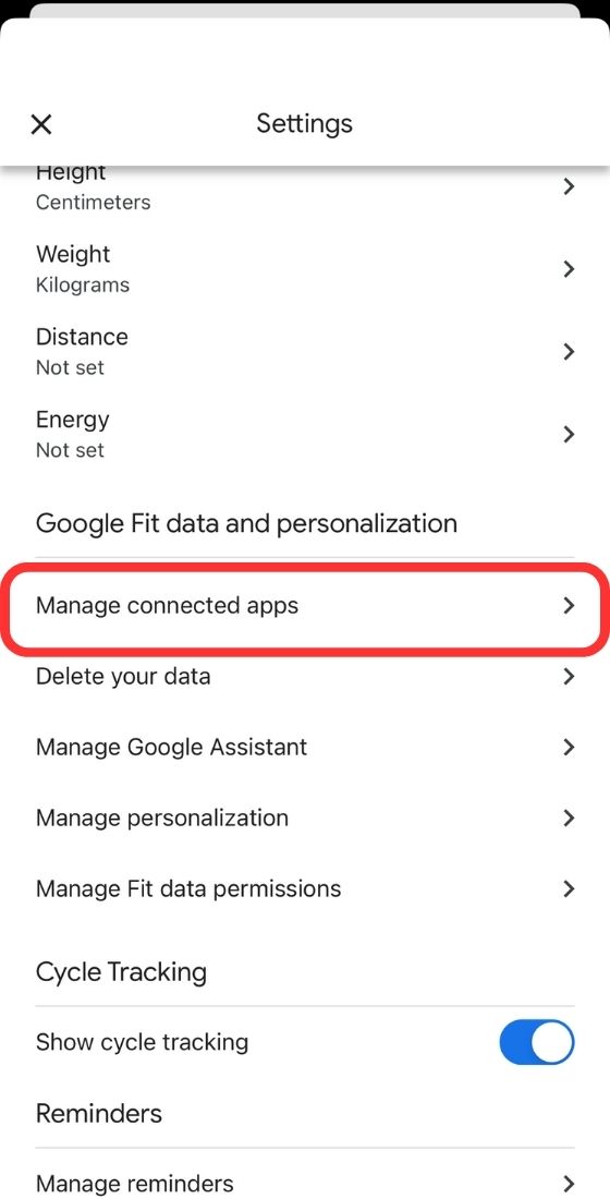 Google Fit third party app settings