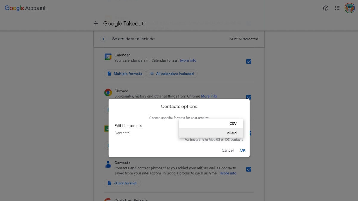 Google Takeout Contacts export options