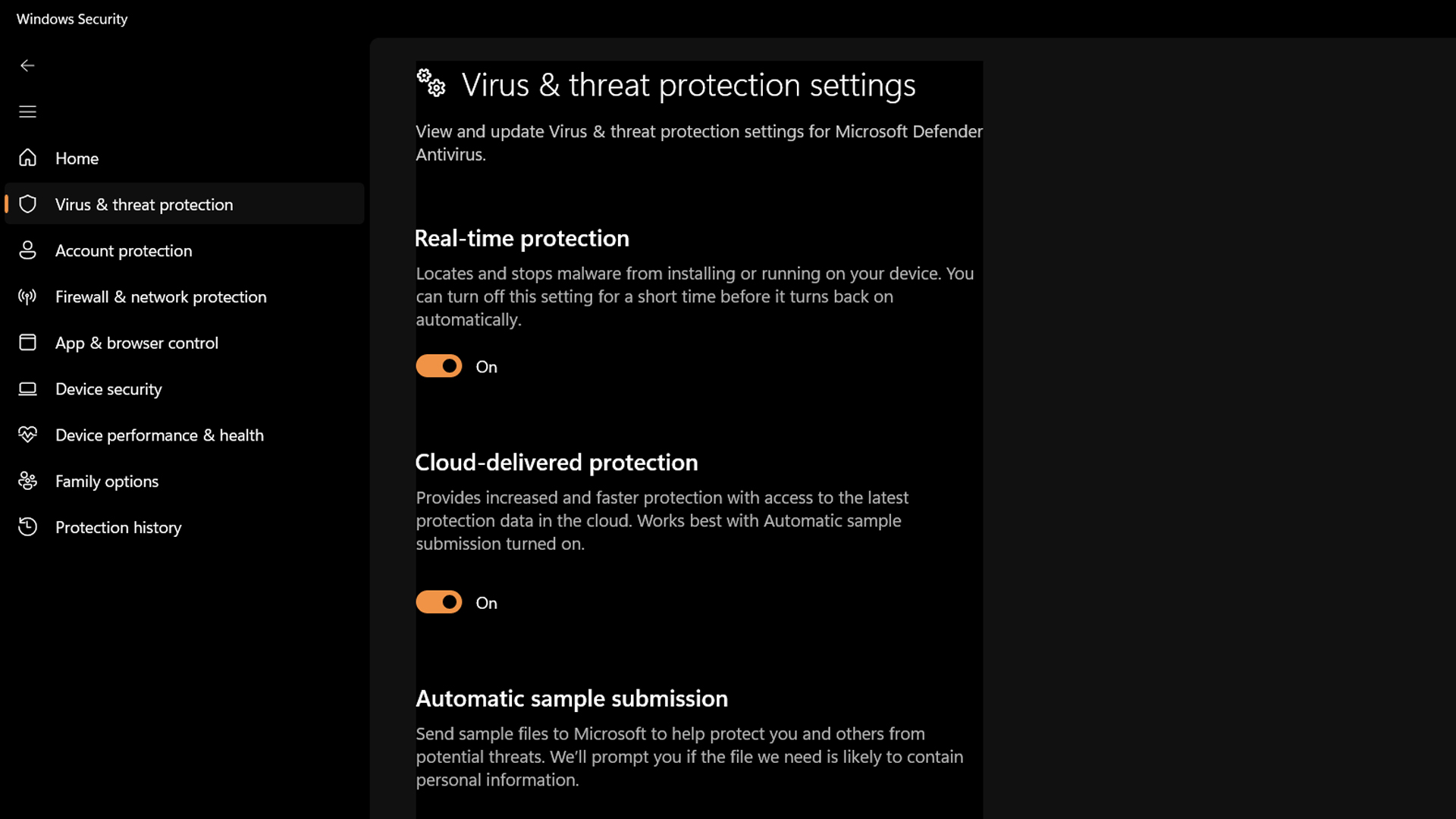 Microsoft Defender virus and threat protection settings