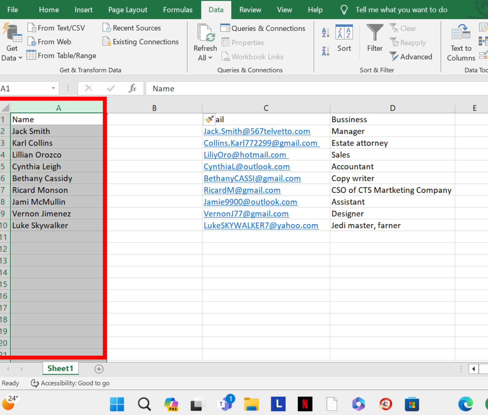 Microsoft Excel column A