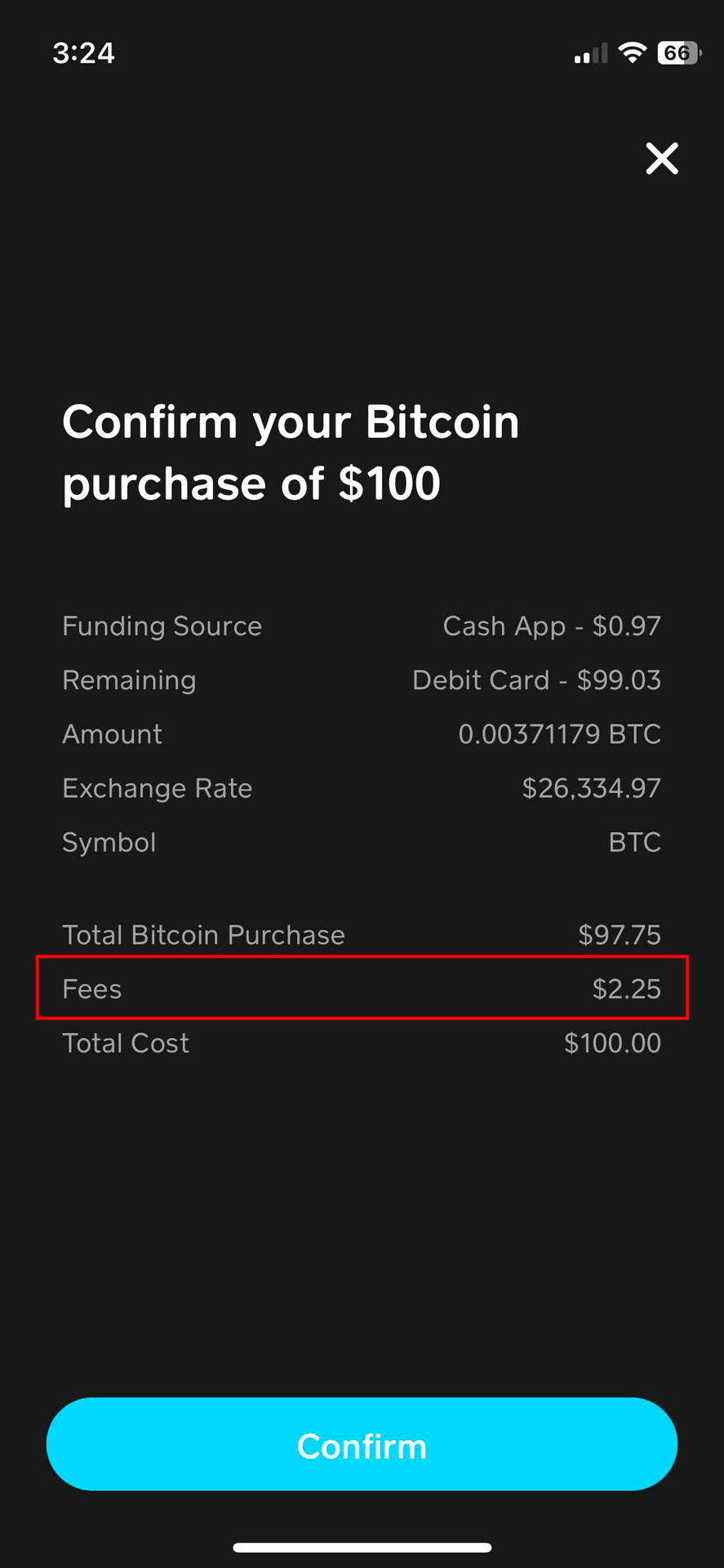 Samples of Cash App Bitcoin buying and selling fees 1