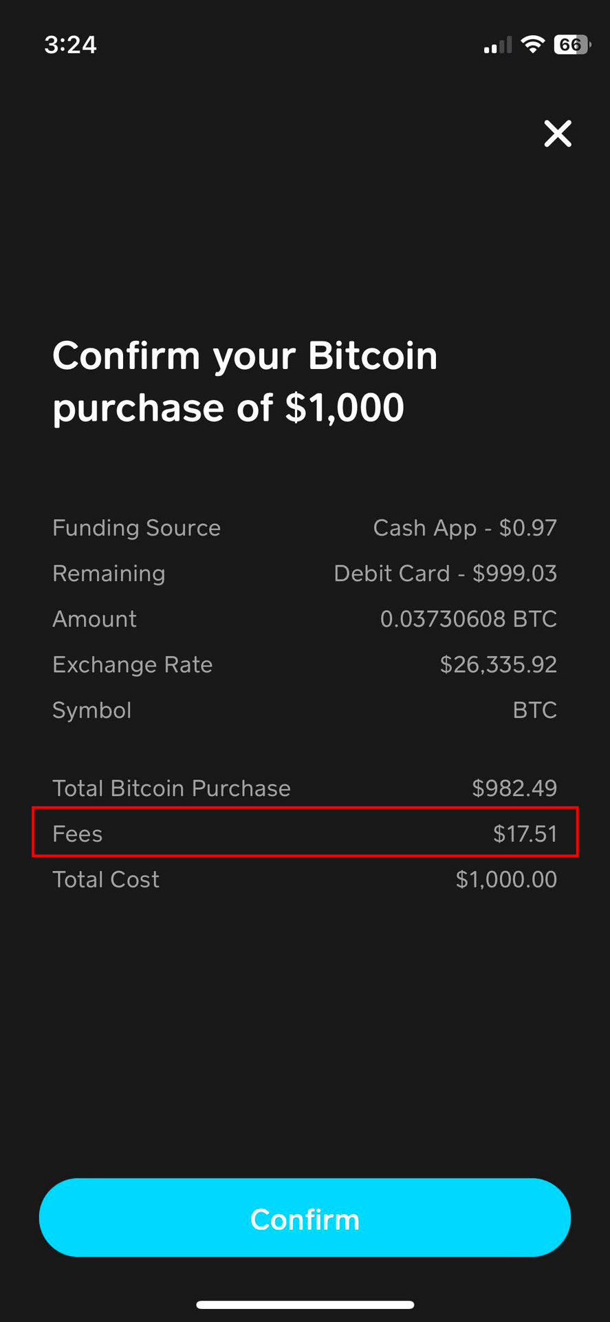 Samples of Cash App Bitcoin buying and selling fees 2