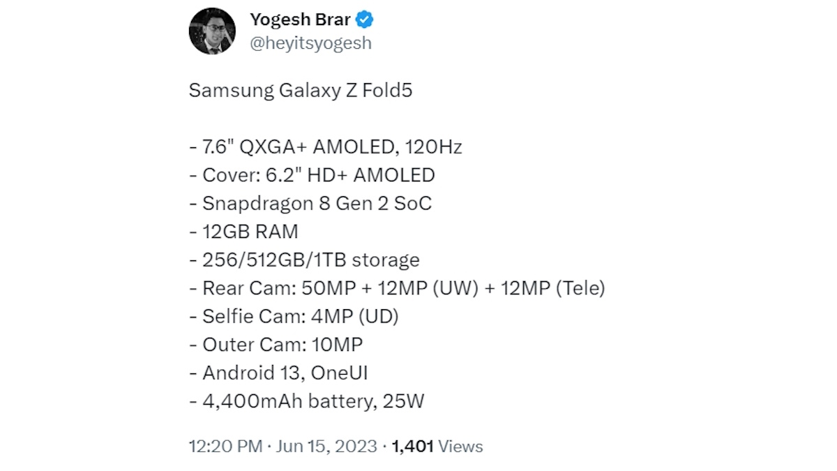 Samsung Galaxy Z Fold 5 spec leak Yogesh Brar