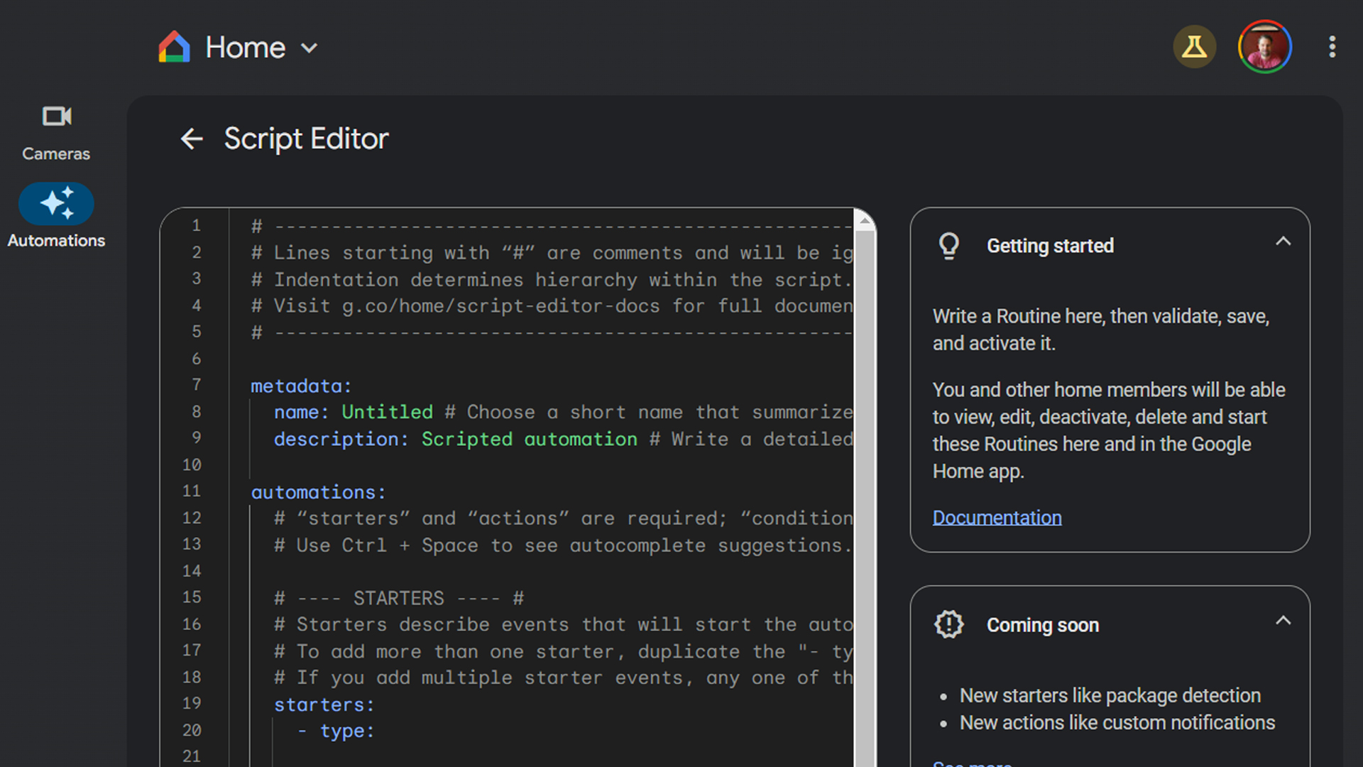 The Google Home script editor on the web