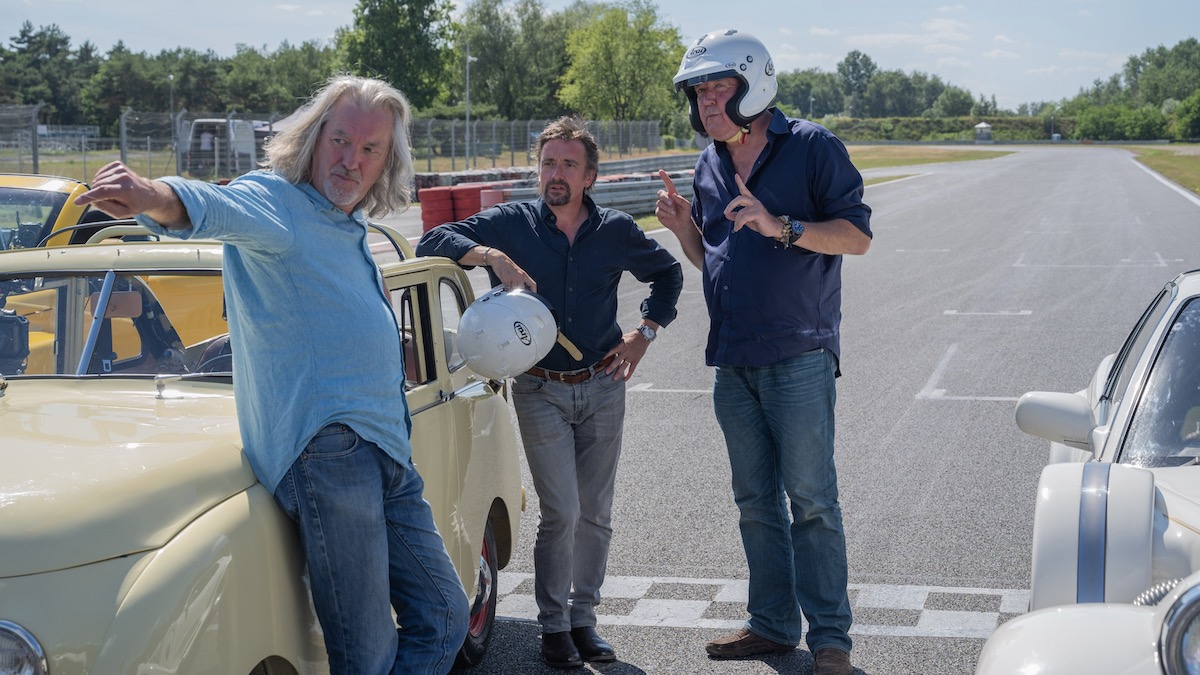James May, Richard Hammond, and Jeremy Clarkson on a track in The Grand Tour Eurocrash