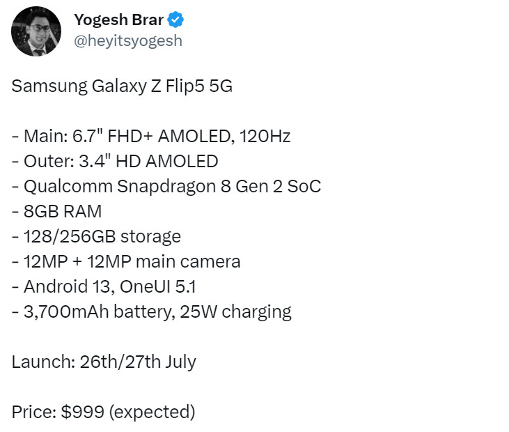 Yogesh Brar Galaxy Z Flip 5 specs twitter