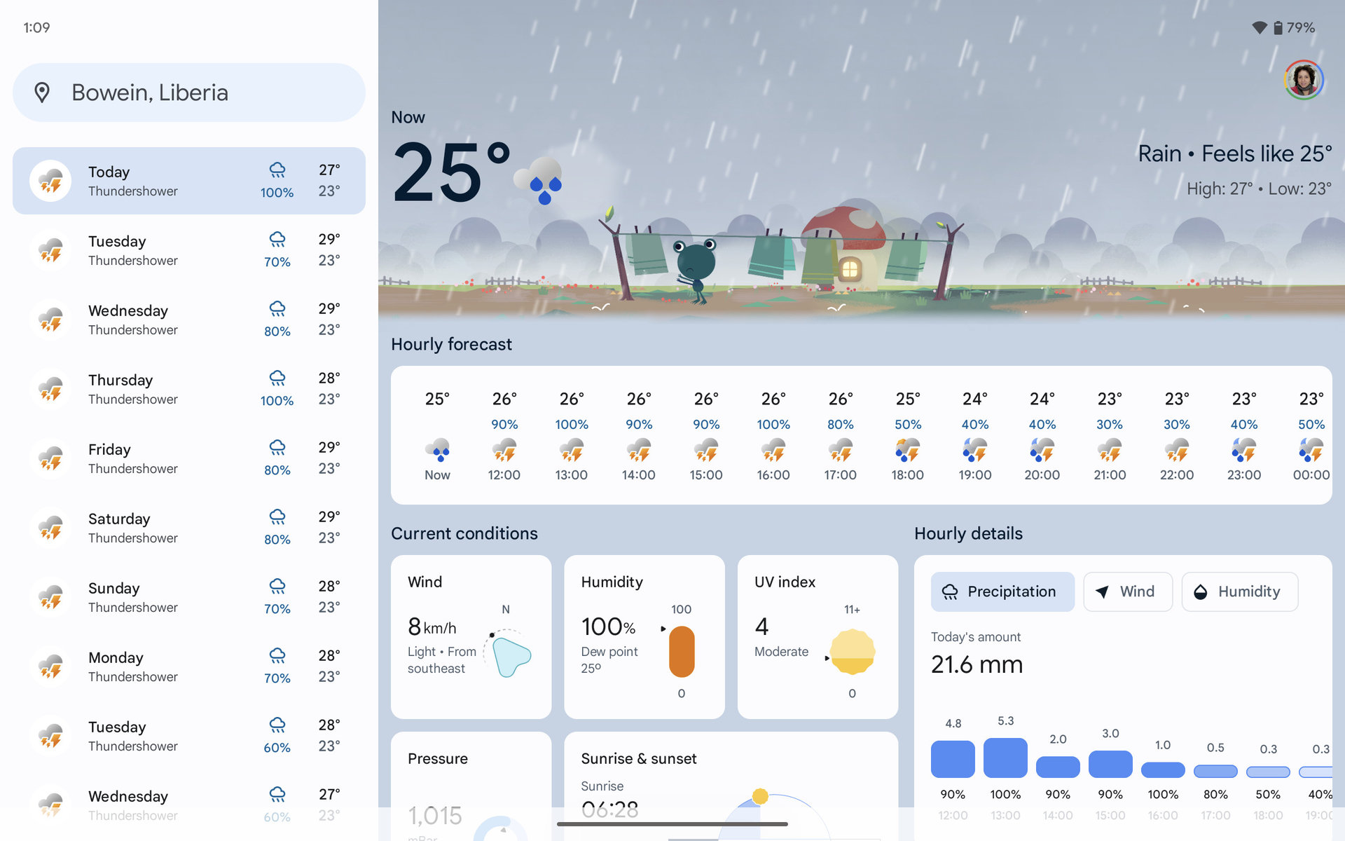 Captura de tela do aplicativo de clima do Google hoje está chuvoso