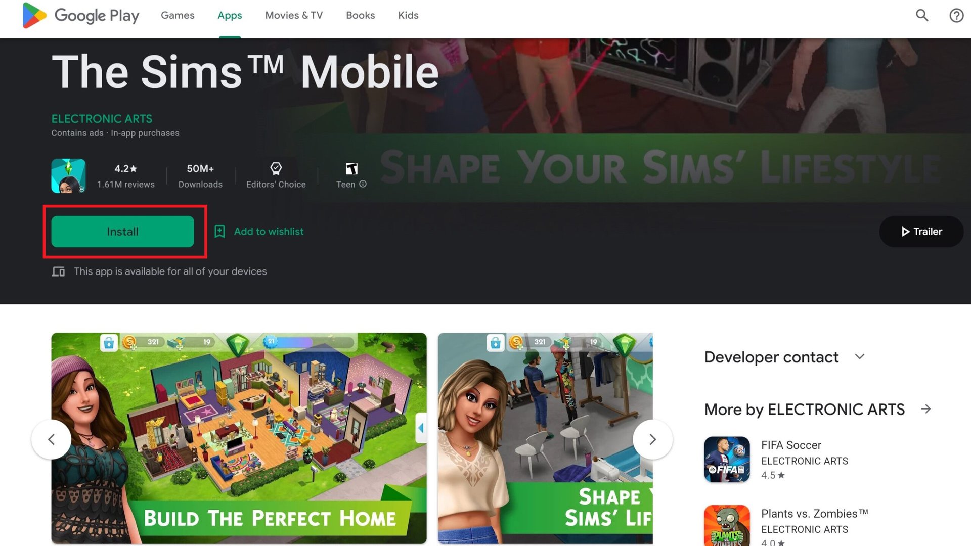 install the sims mobile play store