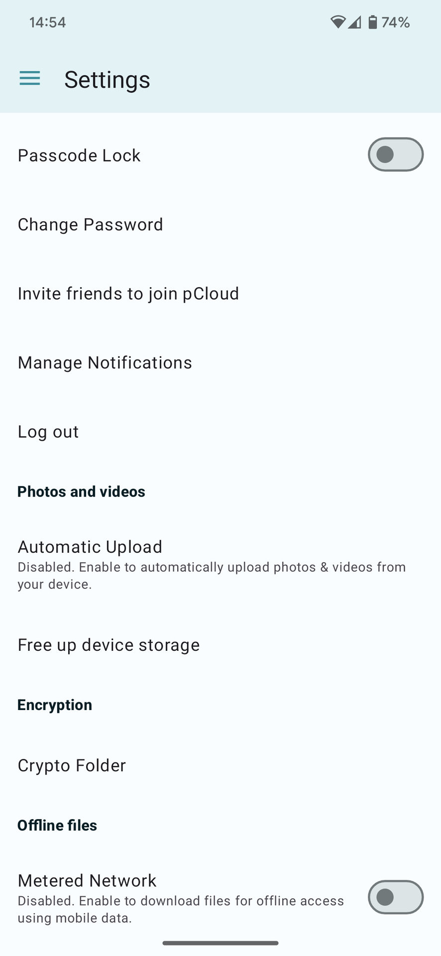 pCloud settings android app