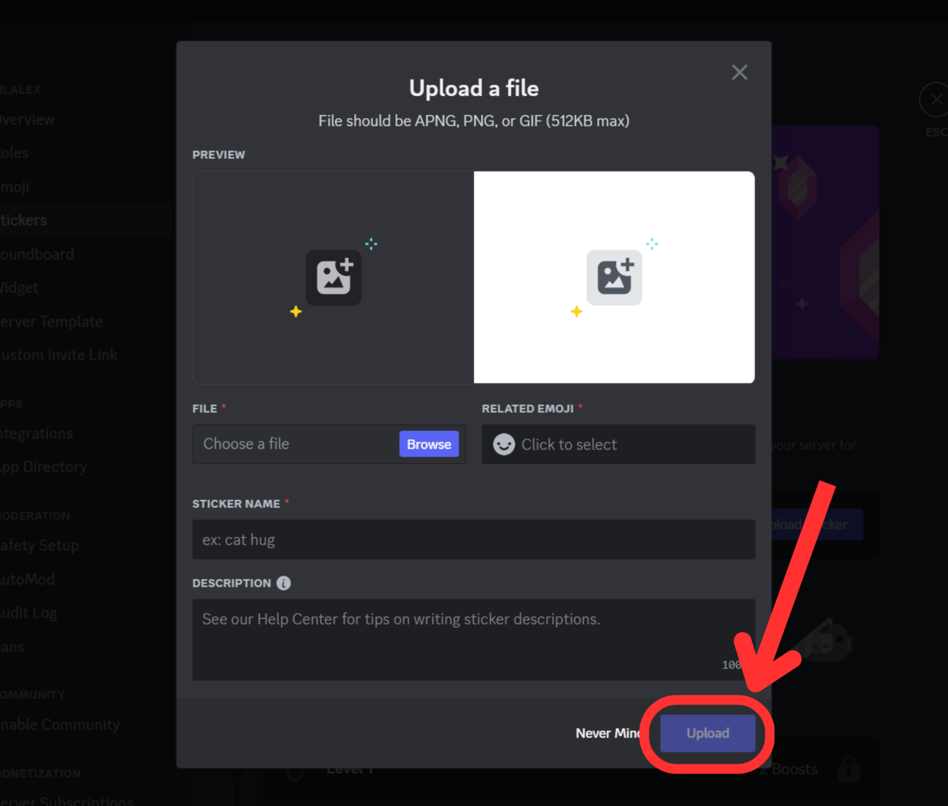 discord server settings stickers upload details window upload button