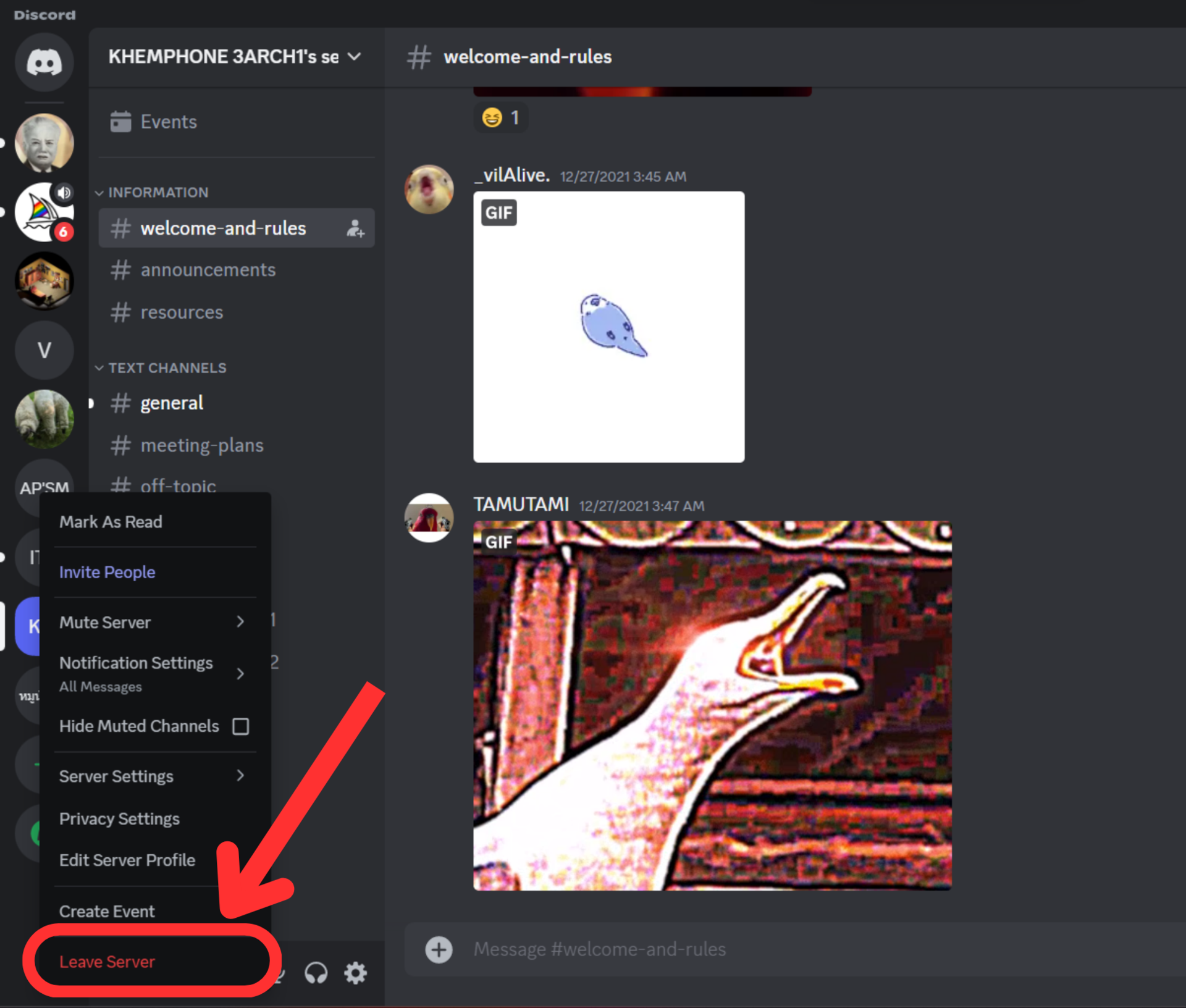 Discord desktop server options menu leave server