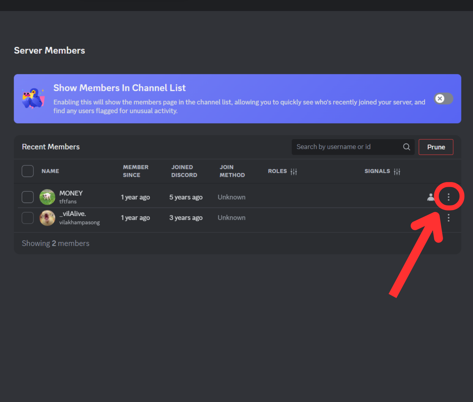 Discord settings server members three dots button