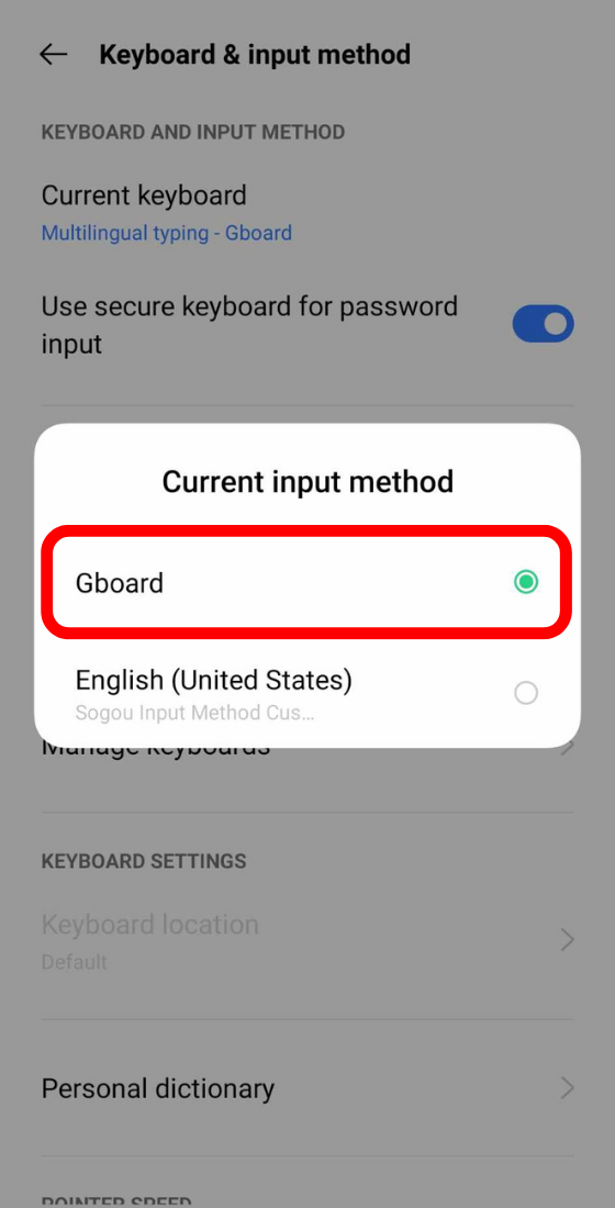 android mobile settings current keyboard Gboard