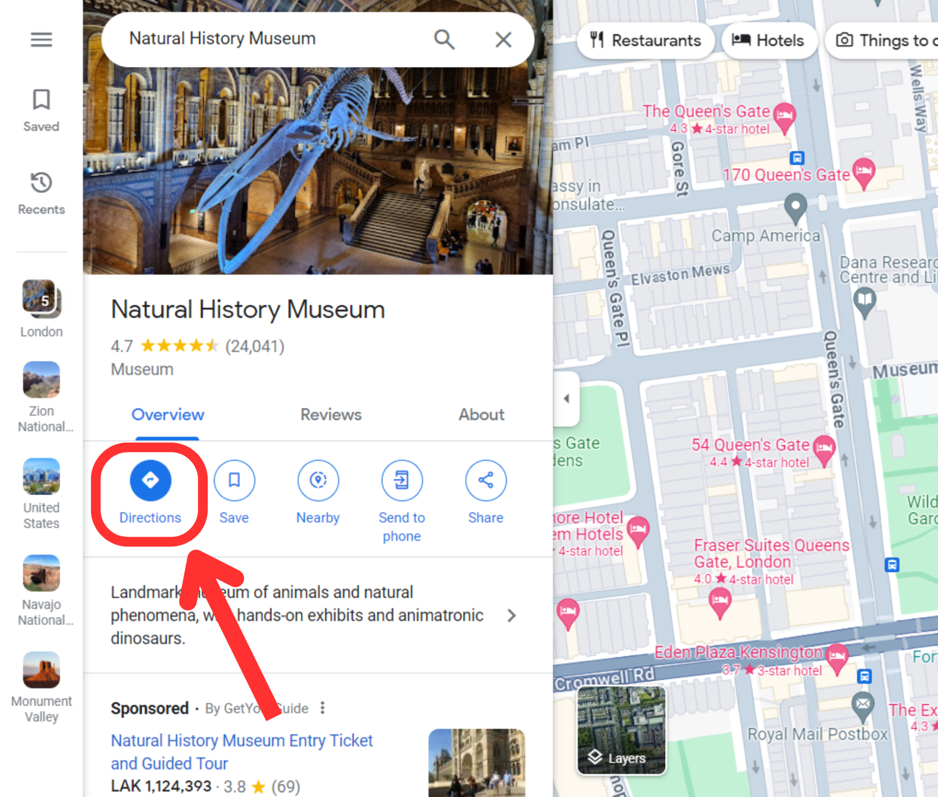 Google maps desktop directions button