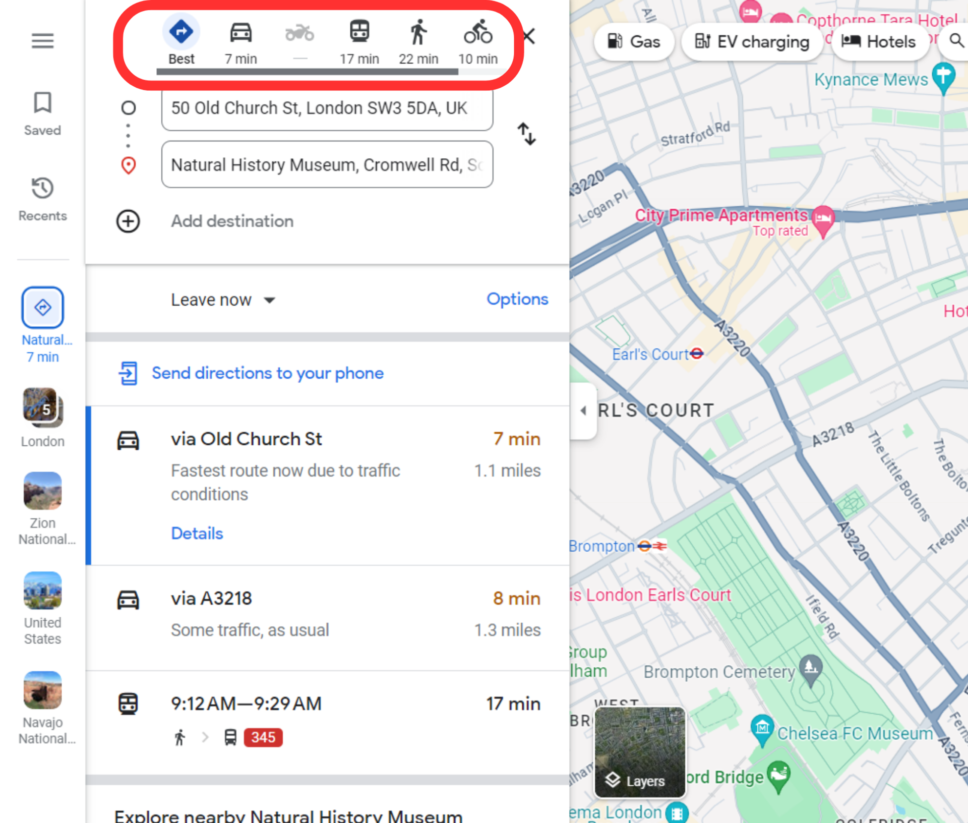 Google maps desktop transit methods tab