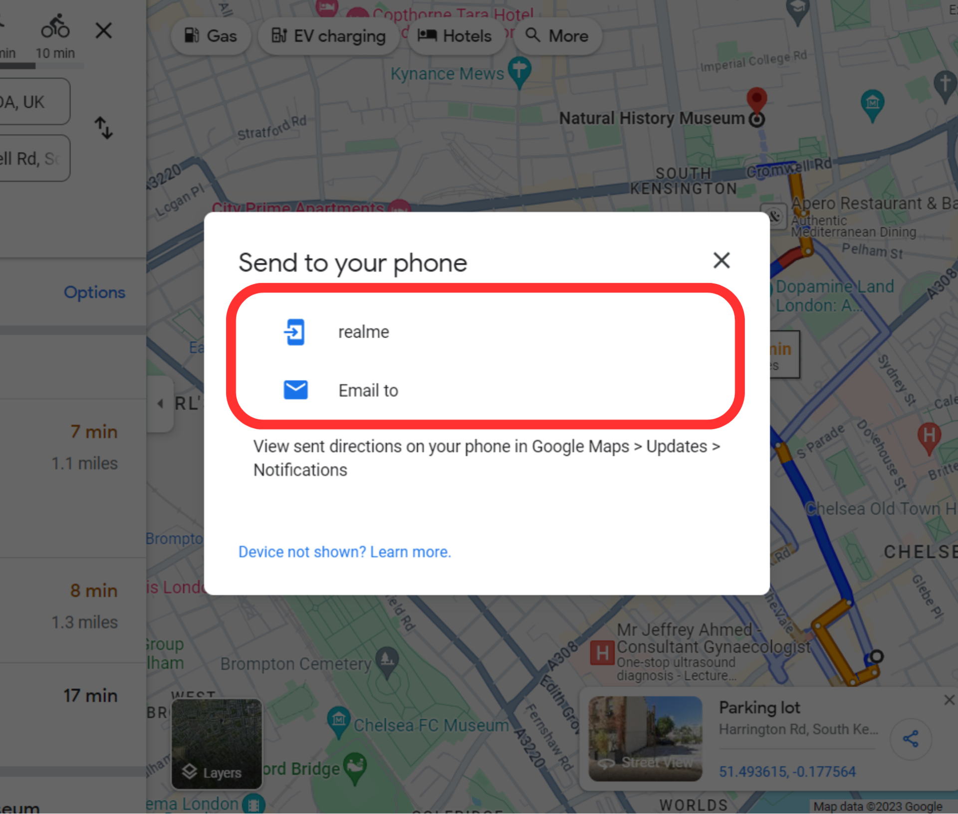 Google maps desktop directions send to your phone options