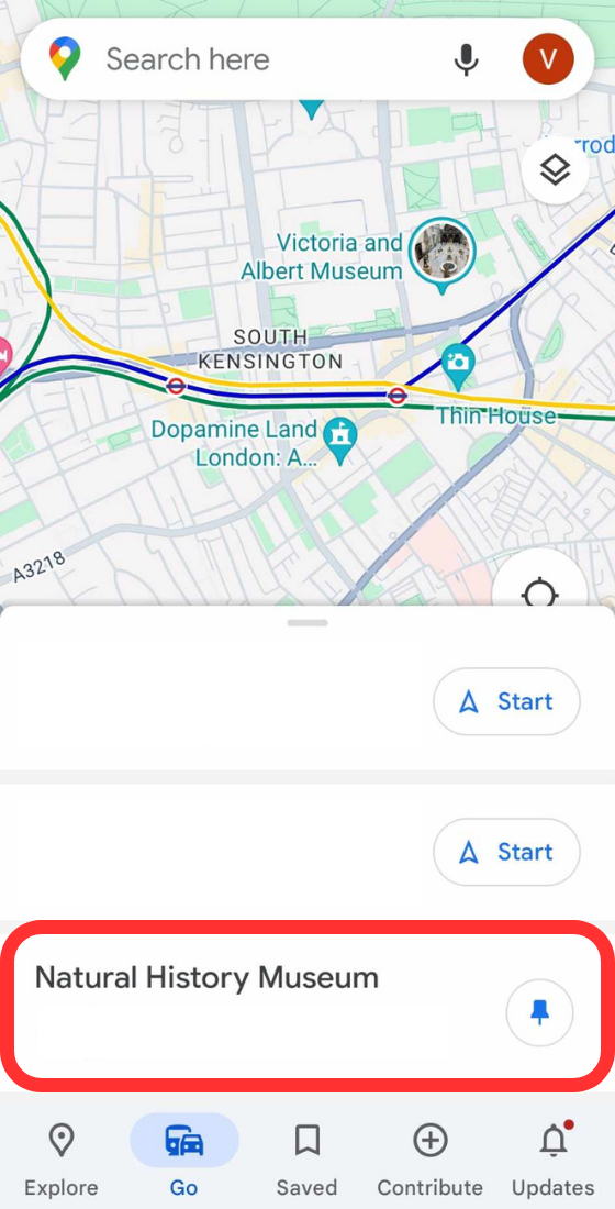Google maps mobile go tab pinned location