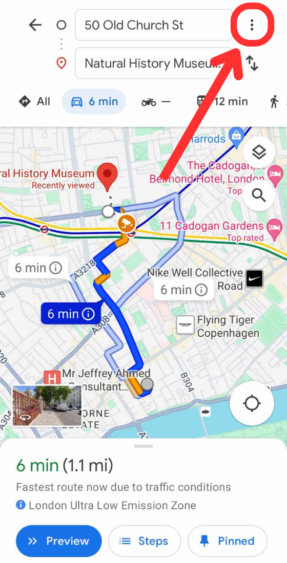 Google maps mobile route three dots button