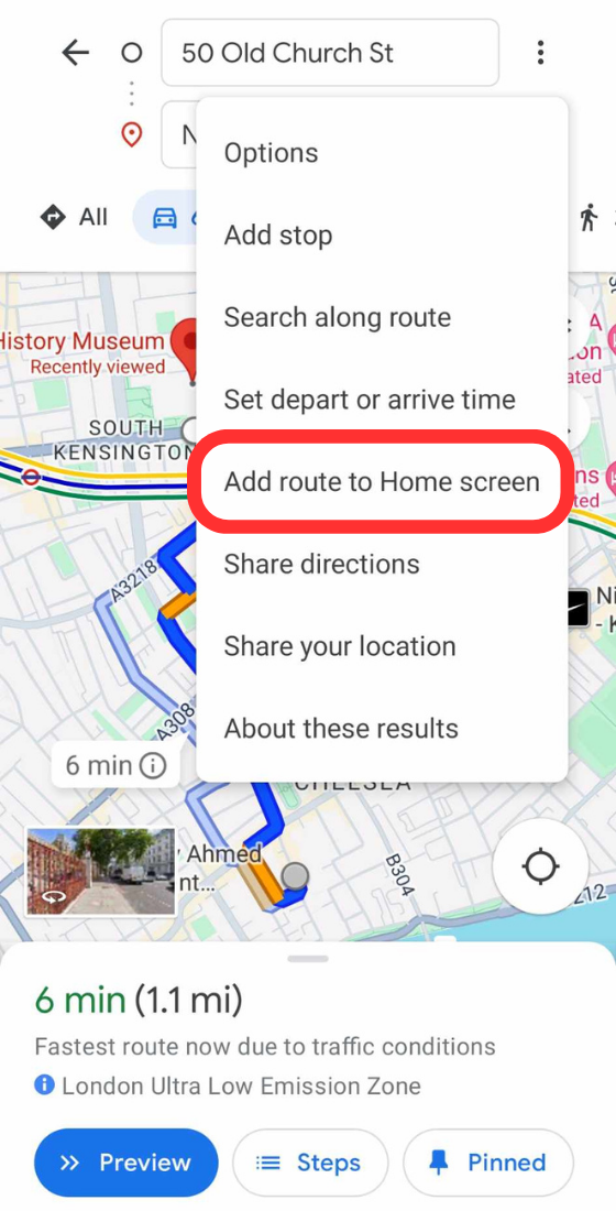 Google maps mobile route options menu add route to home screen