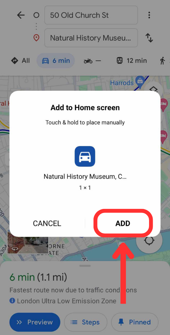 Google maps mobile route add route to home screen confirmation