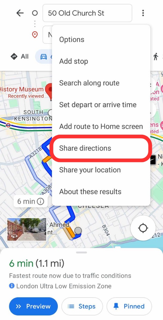 Google maps mobile route three dots button share directions