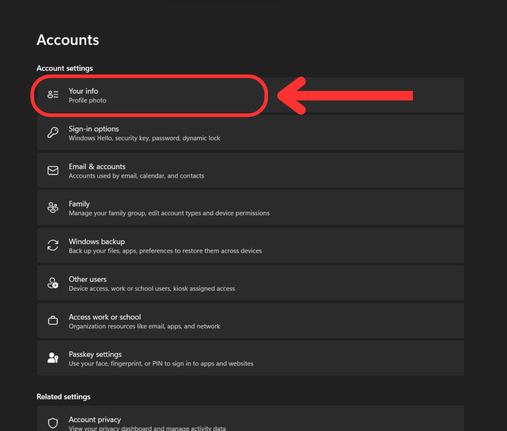 windows settings account your info