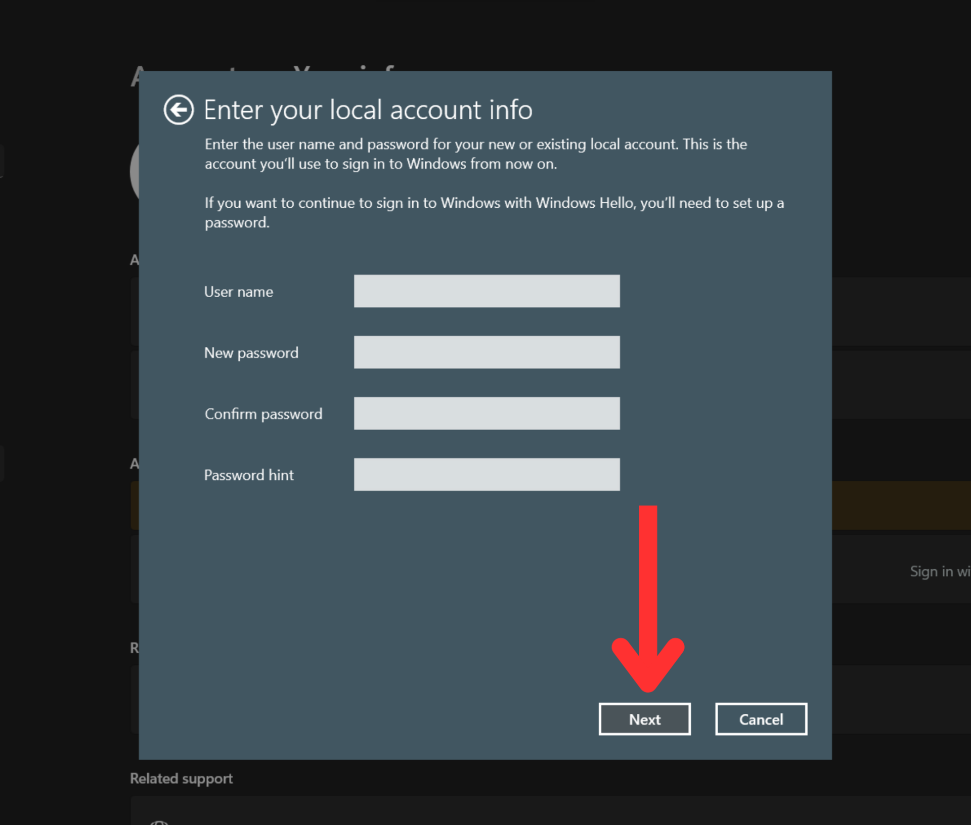 windows sign in with local account settings