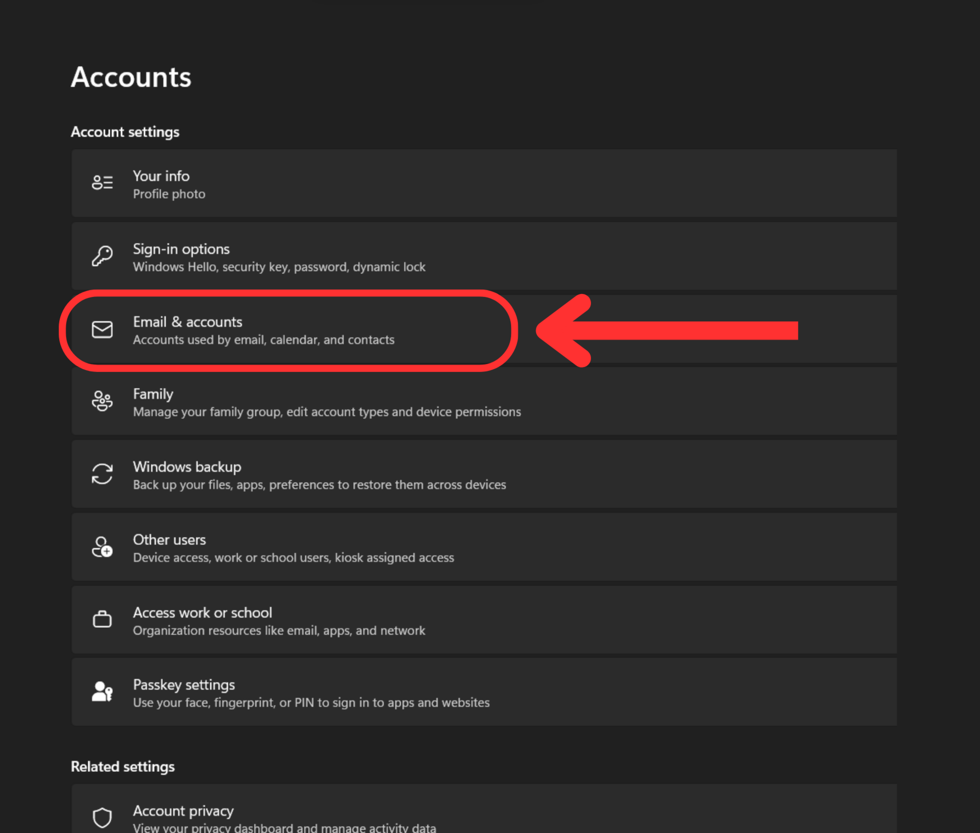 windows settings accounts emails & accounts
