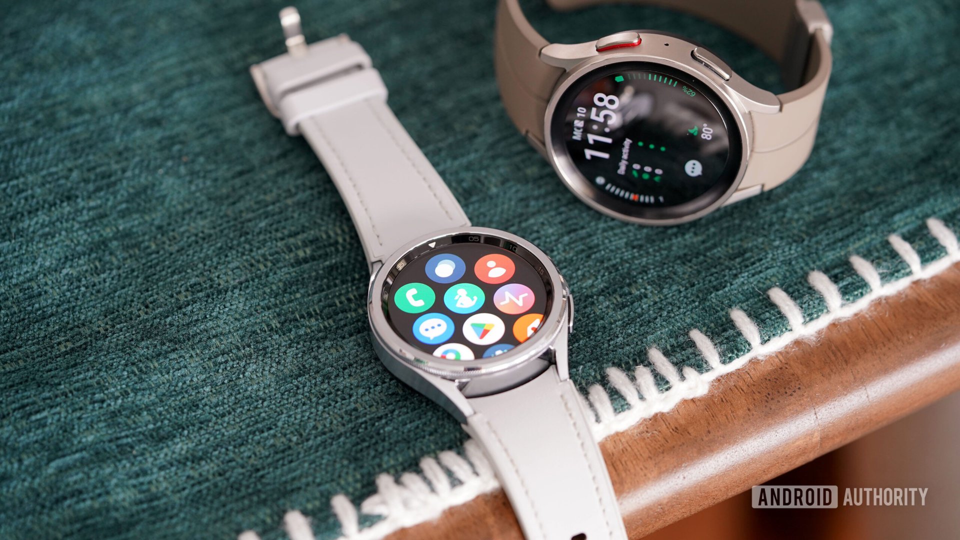 A Galaxy Watch 5 Pro rests alongside a Galaxy Watch 6 Classic.