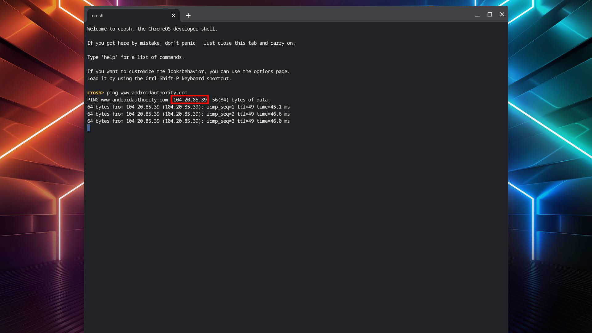 How to find a websites IP address using the Chromebook terminal