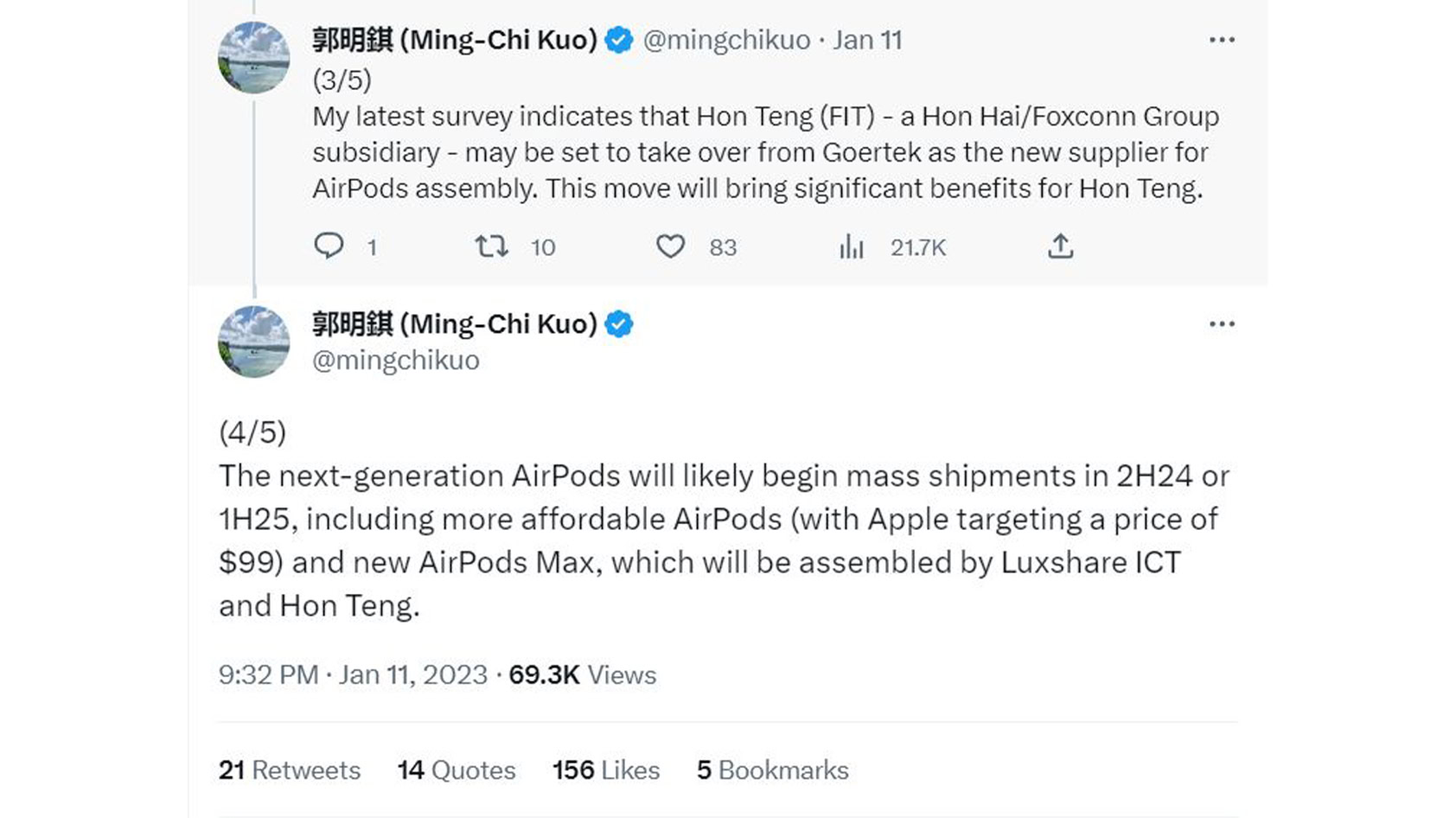 Ming Chi Kuo tweets about the AirPods Max 2 and AirPods 4.