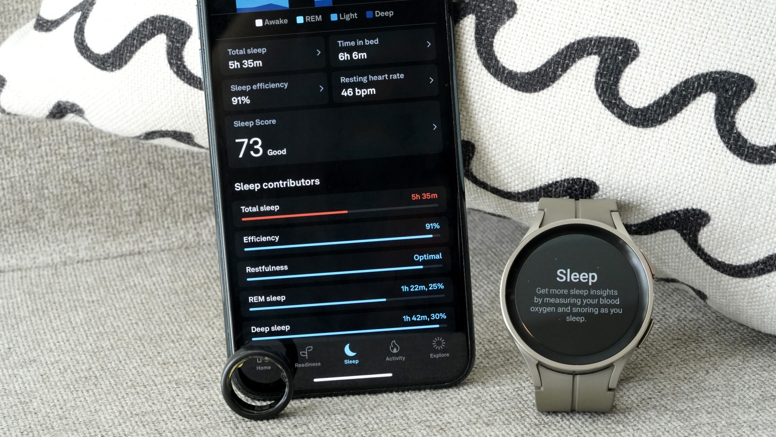 A Samsung Galaxy A51 displays an Oura Ring 3 user's sleep data.