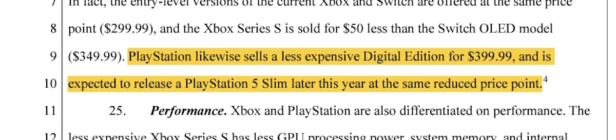 Menção PS5 Slim em MS vs FTC