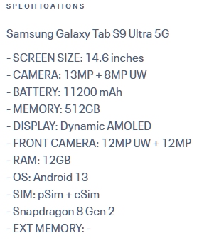 Samsung Galaxy Tab S9 Ultra Leaked specs