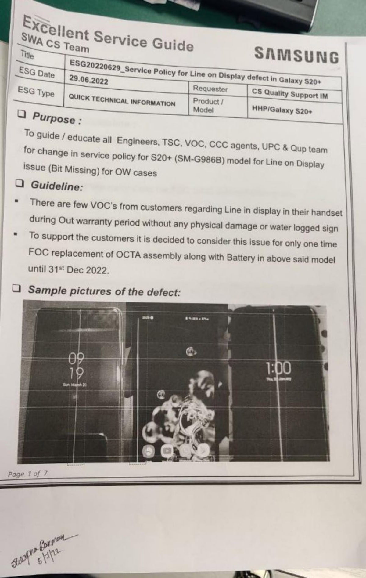 Samsung Green line issue fix service center advisory