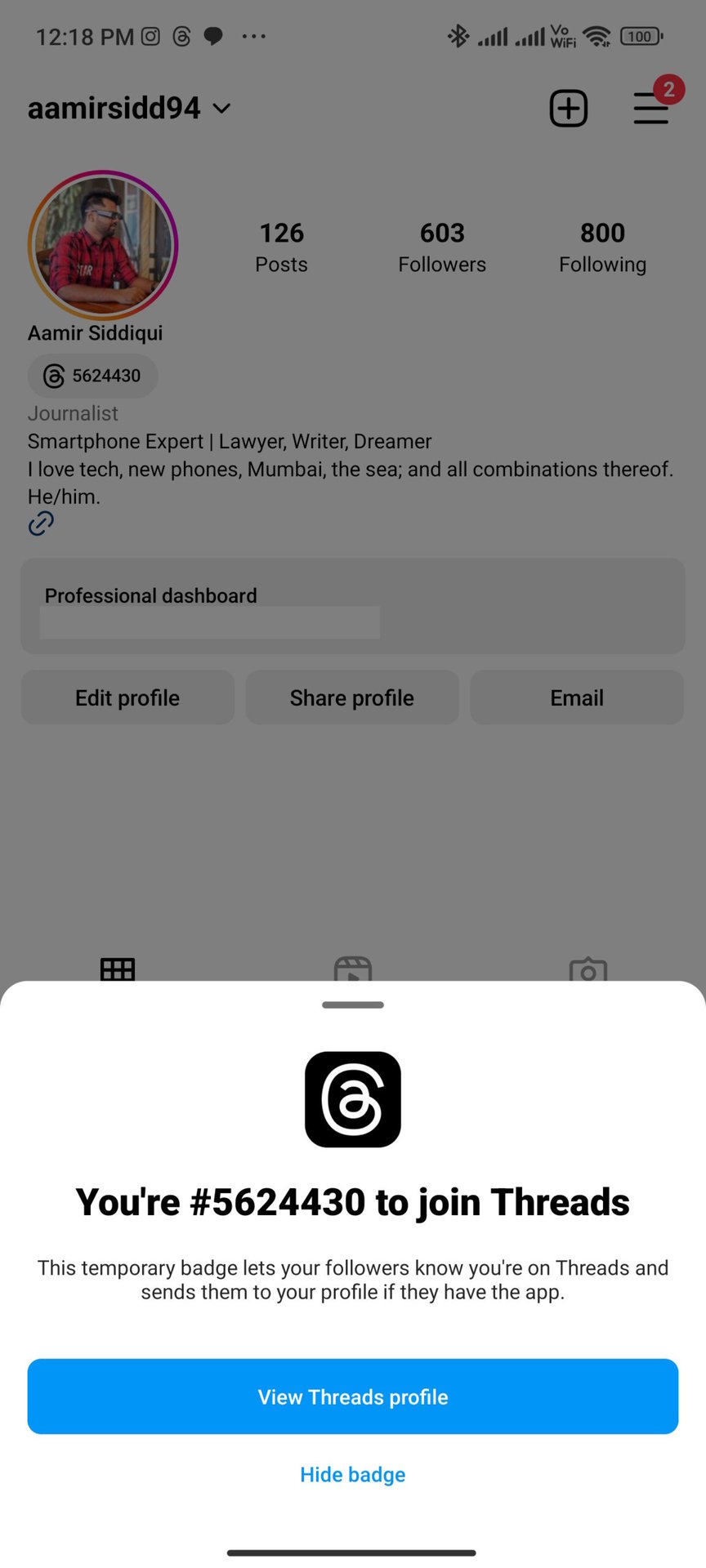 Instagram screenshot showing Threads button on profile