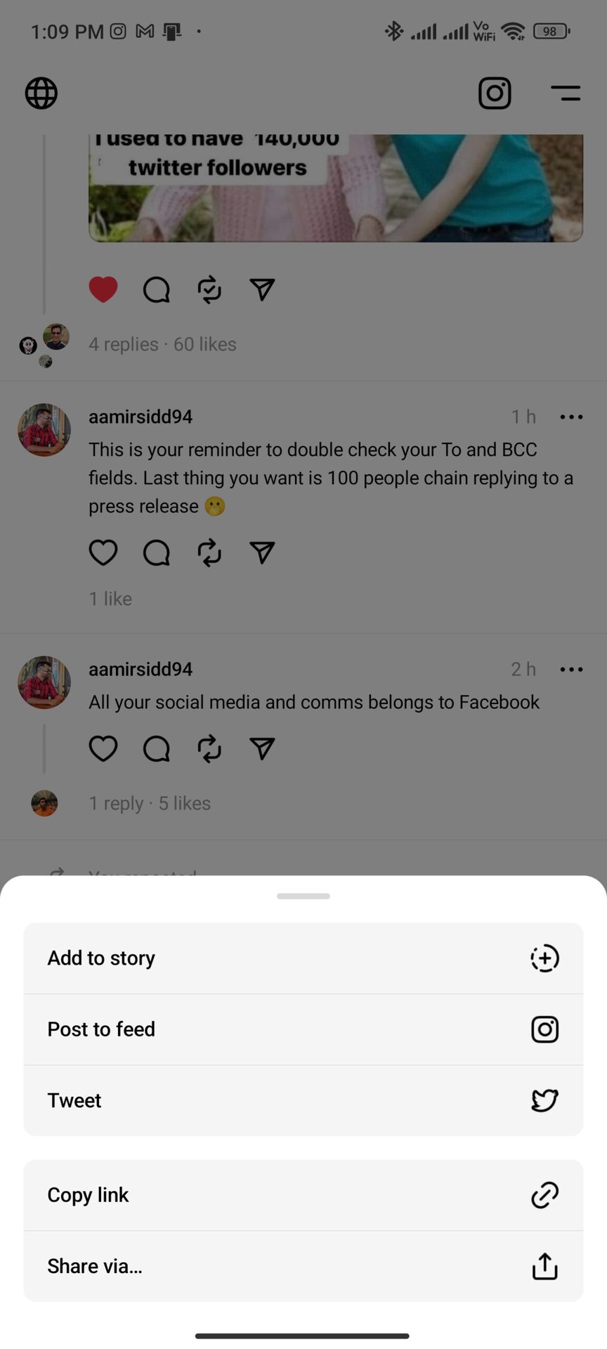 Screenshot of Threads app showing posting to Instagram