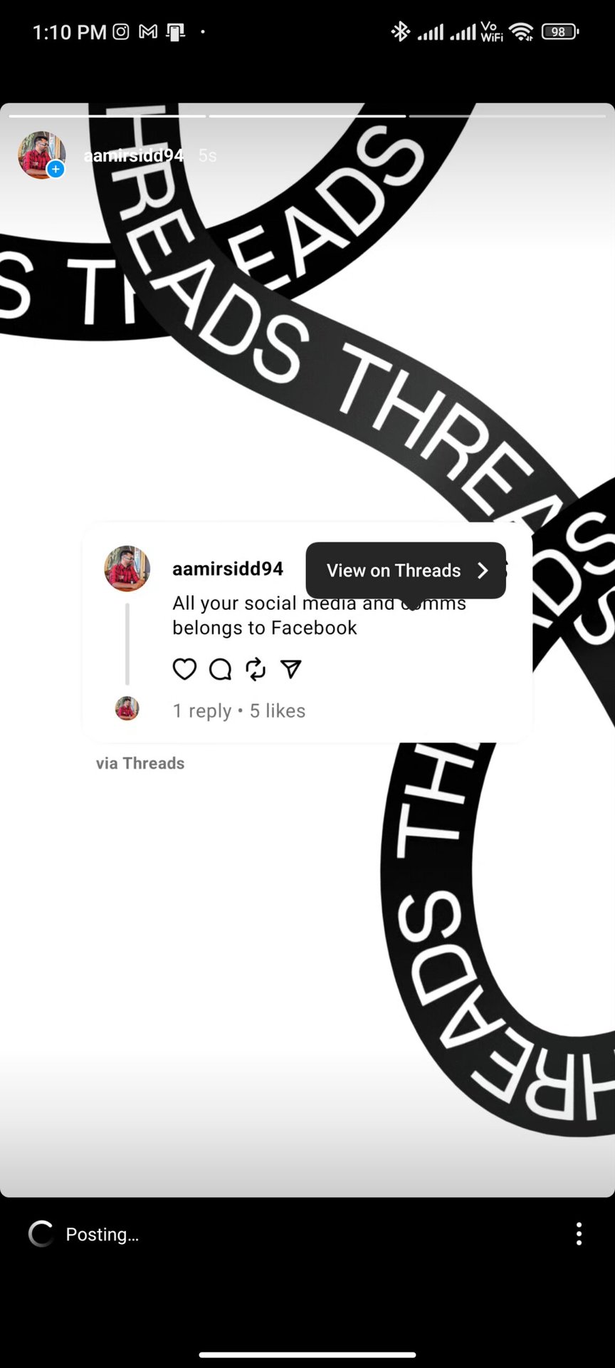 Screenshot of sharing a thread as a clickable story on Instagram