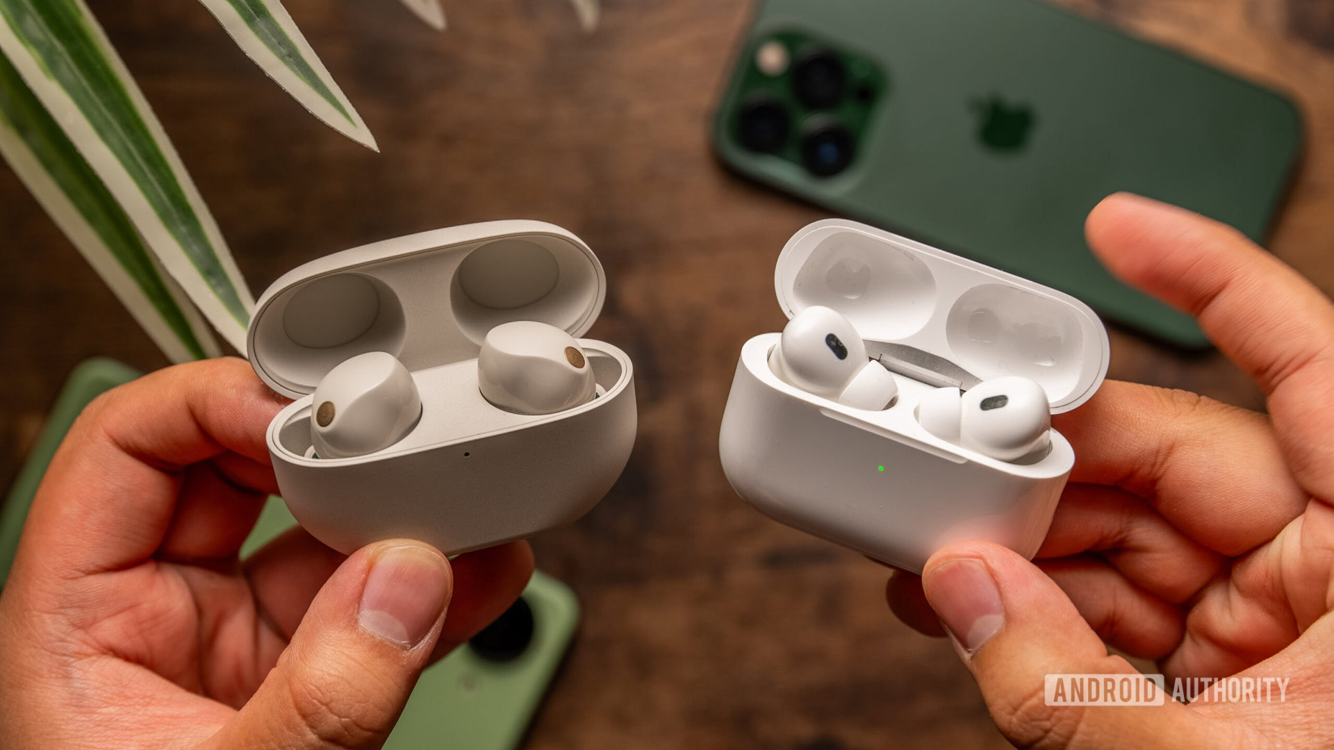 Sony WF 1000XM5 vs Apple AirPods Pro 2nd generation hands hold comparison