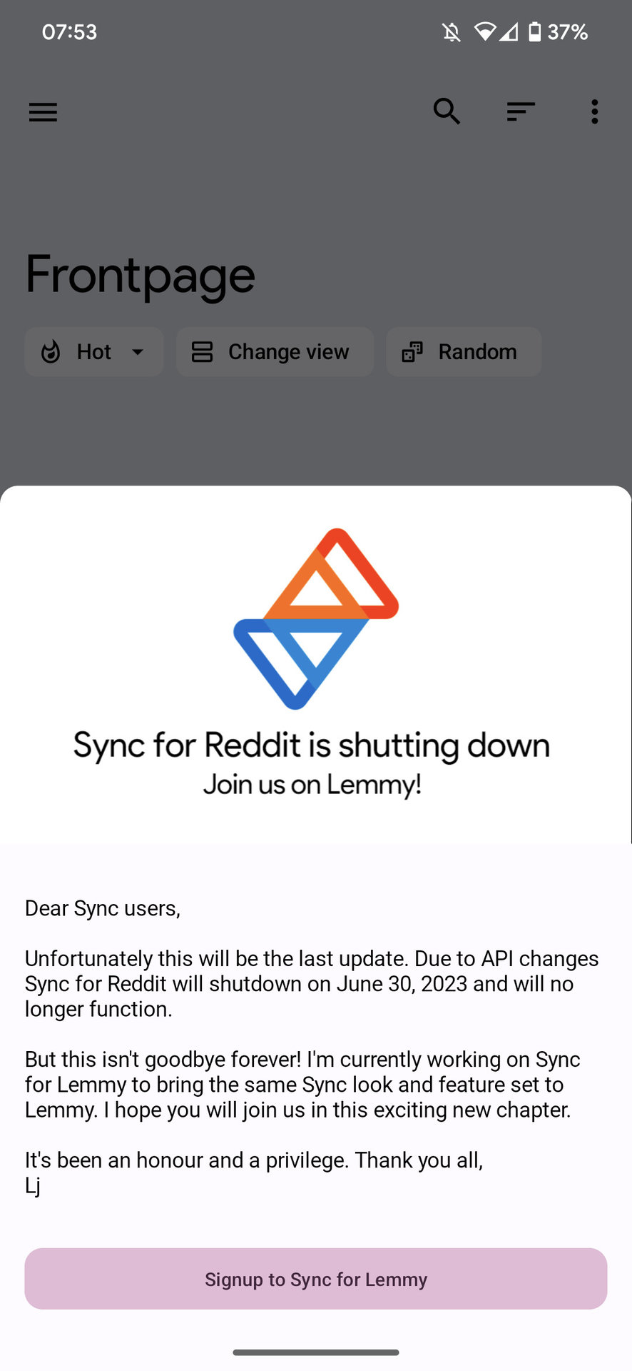 Sync for Reddit shut down message