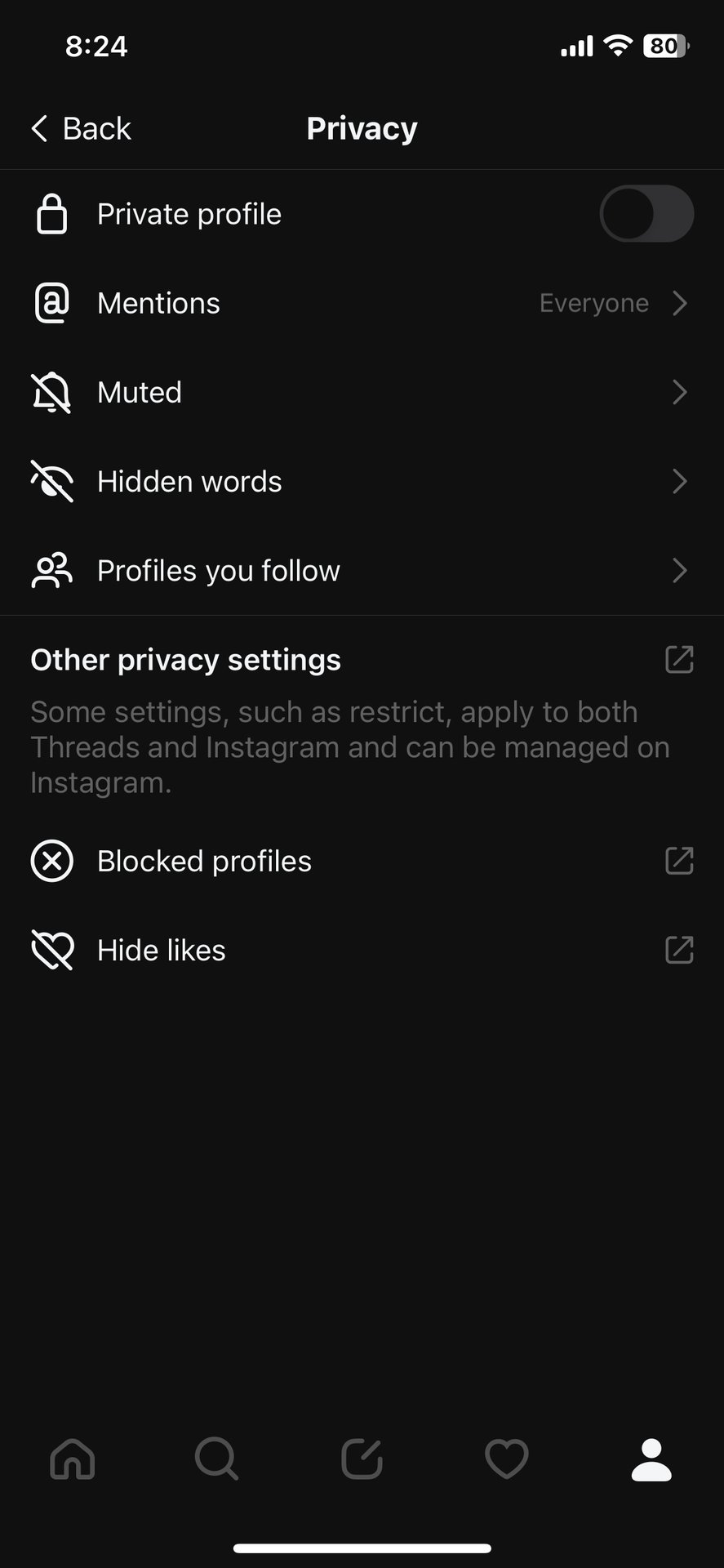 Threads Privacy options